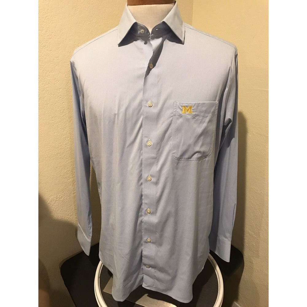 Peter Millar Mens Shirt Button Down Blue Checkered Sz 16L Long Sleeve Logo